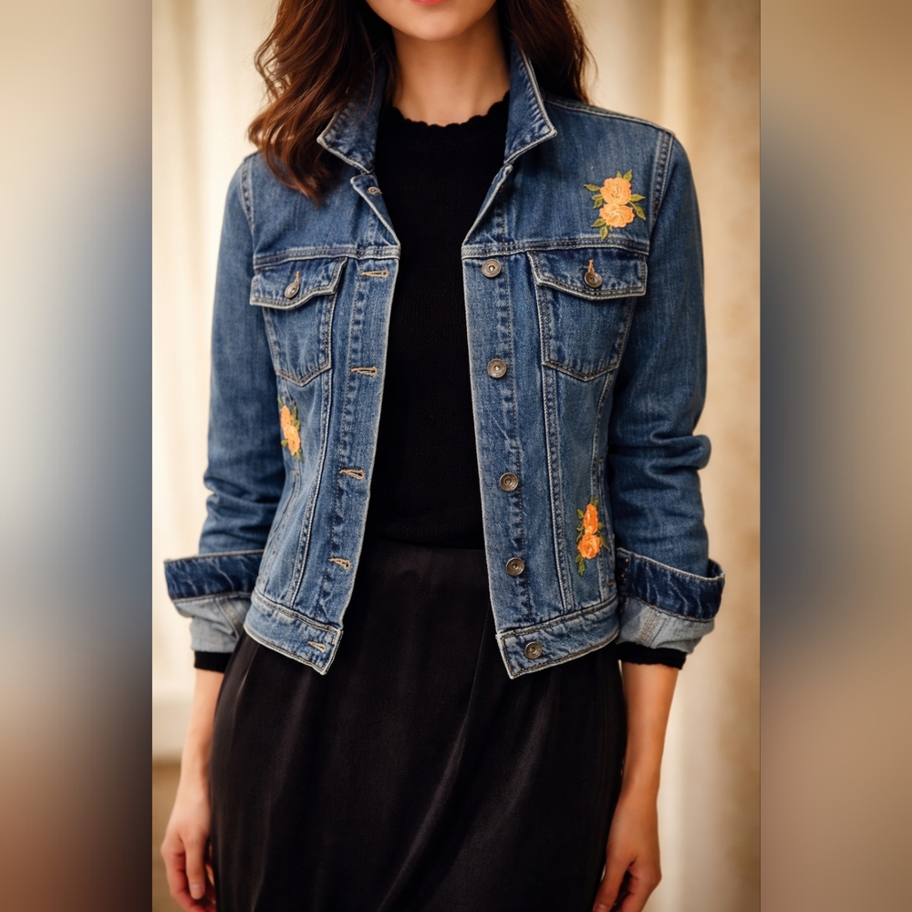 Paige Embroidered Denim Jacket worn twice, US M